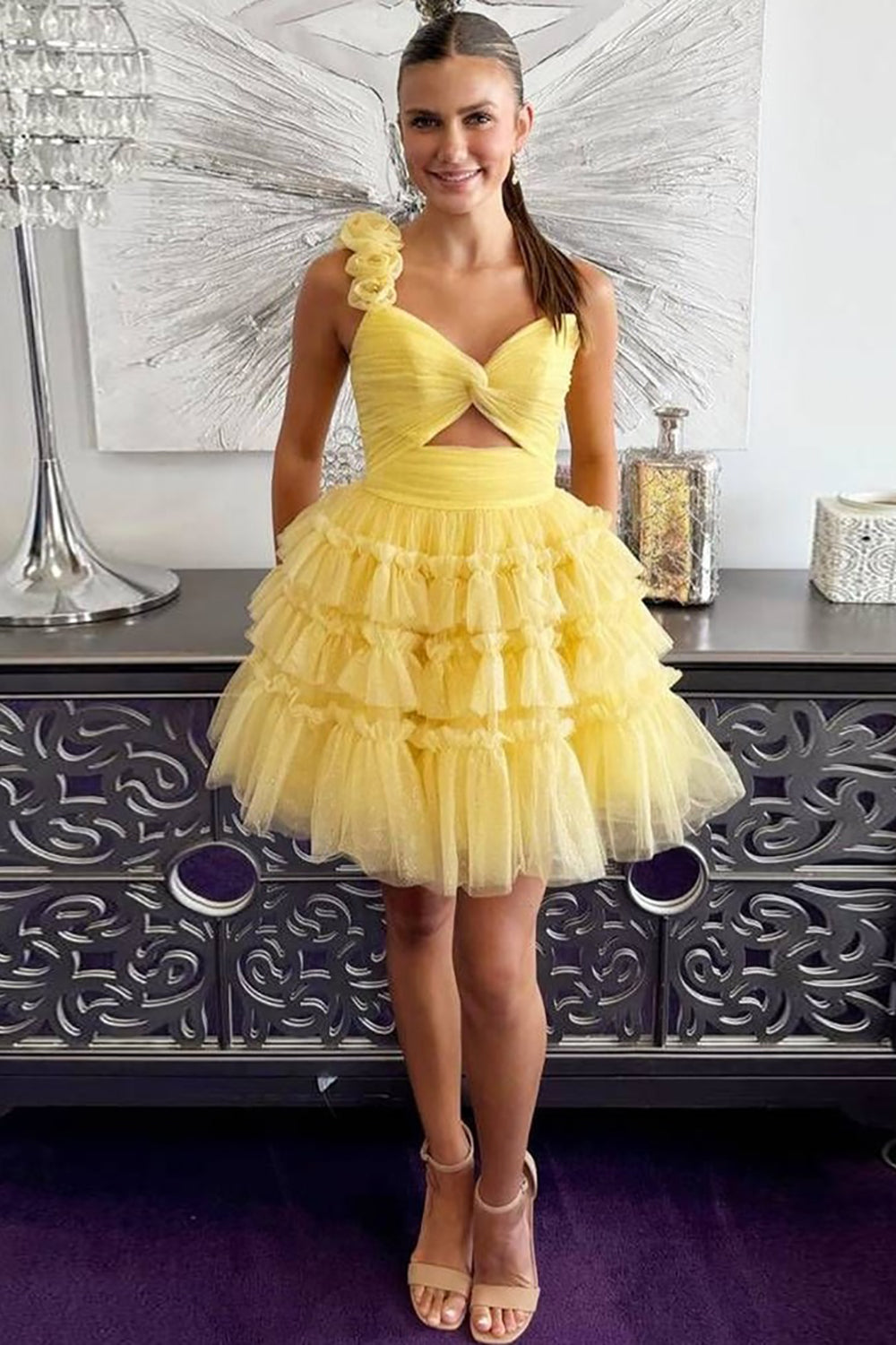 Yellow A-Line Flowers Asymmetrical Tiered Homecoming Dress HE736