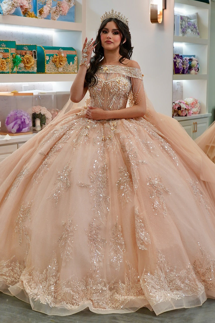 HE145 - Vestidos de quinceañera color champán para dulces 16, hermosos vestidos de fiesta de cumpleaños con apliques de encaje de tul y cuentas.