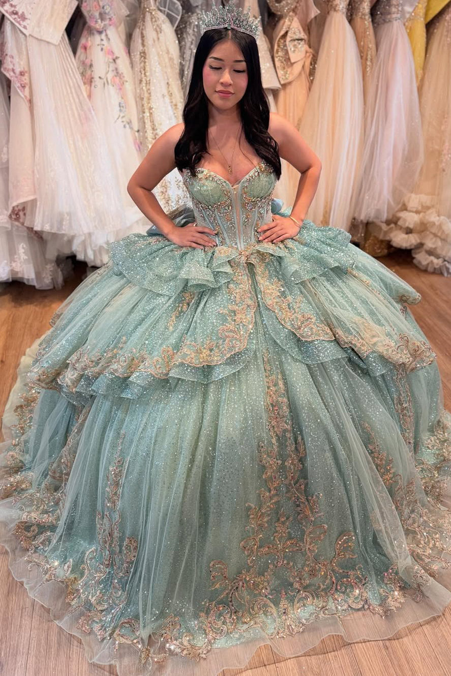 Vestidos de quinceañera con apliques de encaje de tul brillante y volantes para dulces 16 HE510