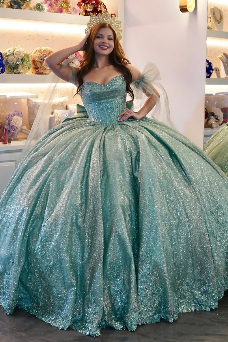 Vestidos de quinceañera con tul brillante y mangas abullonadas para dulces 16 HE504