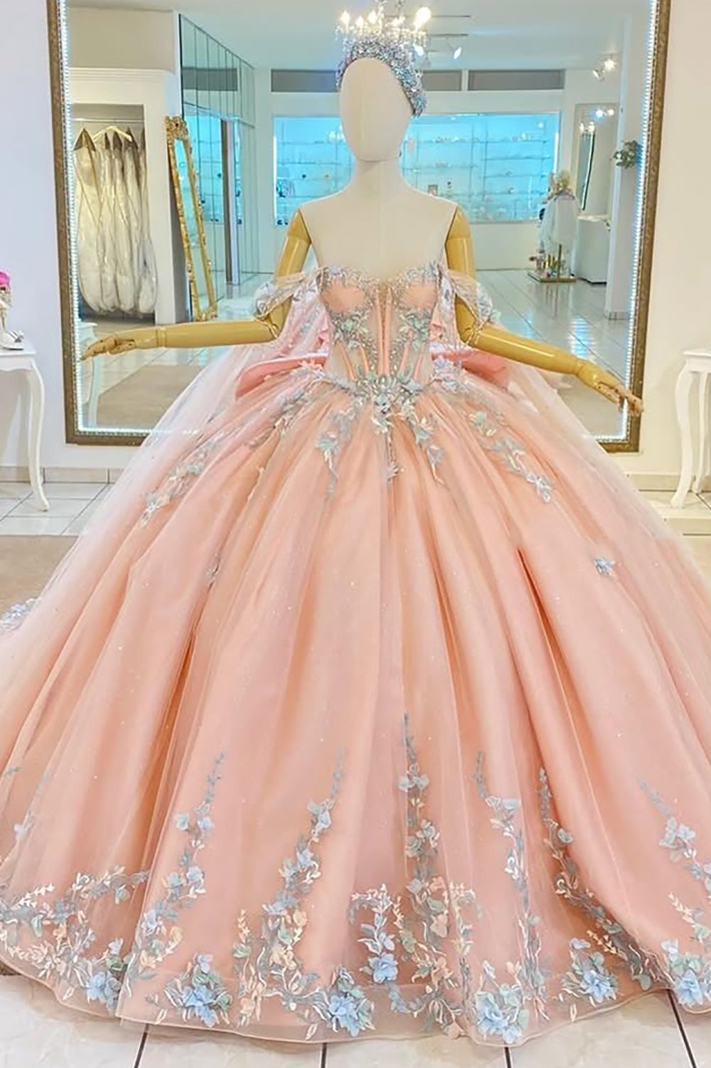 Off Shoulder Princess Tulle Appliqued 3d Flowers Quinceanera Dresses with Bow HE695