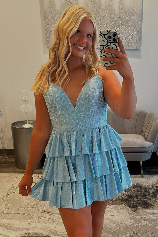 Sparkly Satin Ruffled A Line Short Homecoming Dress with Beading HE734