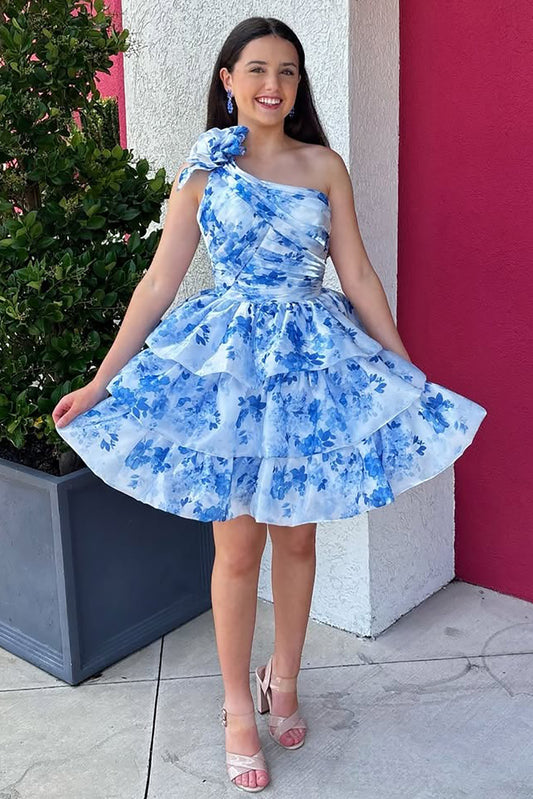 A Line One Shoulder Chiffon Floral Print Homecoming Dresses with Ruffles HE642