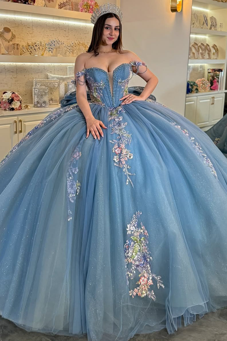 HE089 - Vestidos de quinceañera azules con hombros descubiertos, tul, encaje y cuentas, vestidos de fiesta de cumpleaños sin mangas para dulces 16