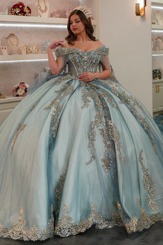 HE091 - Vestidos de quinceañera con apliques de encaje y tul con hombros descubiertos y cuentas, vestidos de fiesta de cumpleaños de lujo para dulces 16