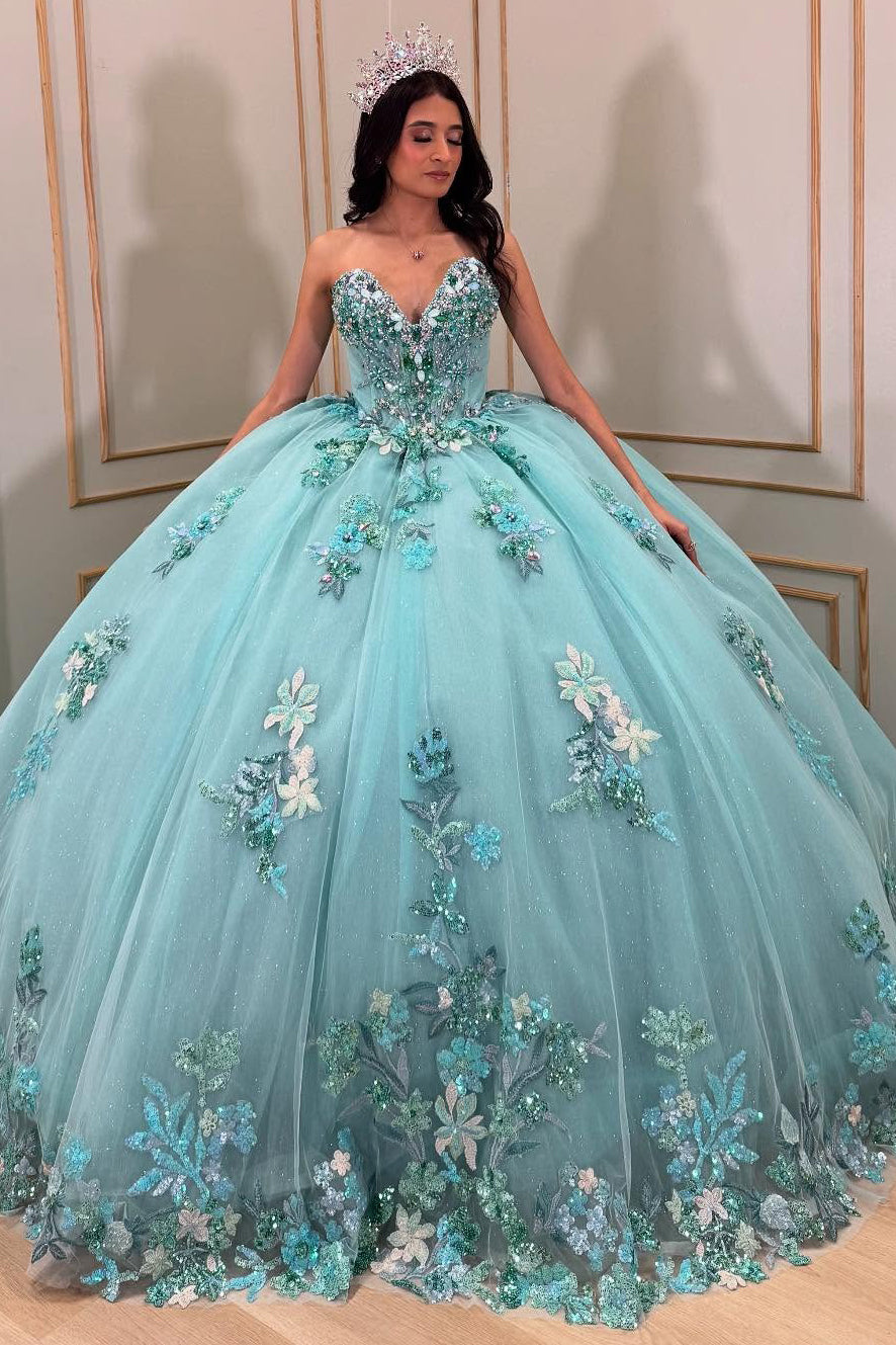 HE151-Aqua Blue Sweetheart Ball Gown Quinceanera Dresses for Sweet 16 Tulle Lace Beaded Birthday Party Dresses Long