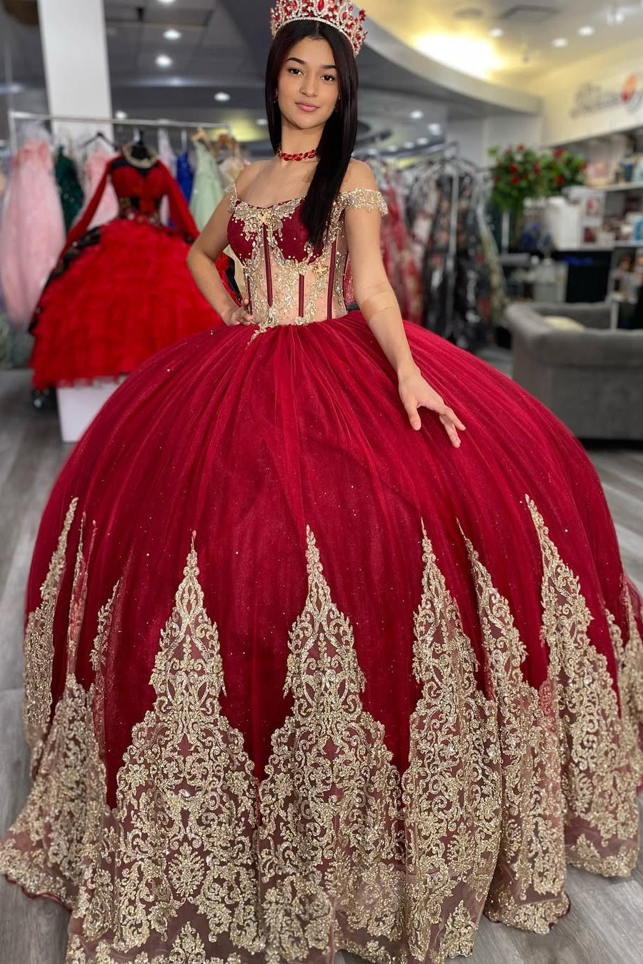 Off Shoulder Red Quinceanera Dresses for Sweet 16 Princess Ball Gown HE521