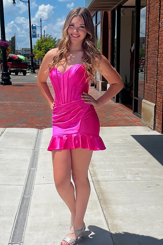 Fuchsia Tight Satin Short Corset Sweetheart Homecoming Dress with Ruffles HE730