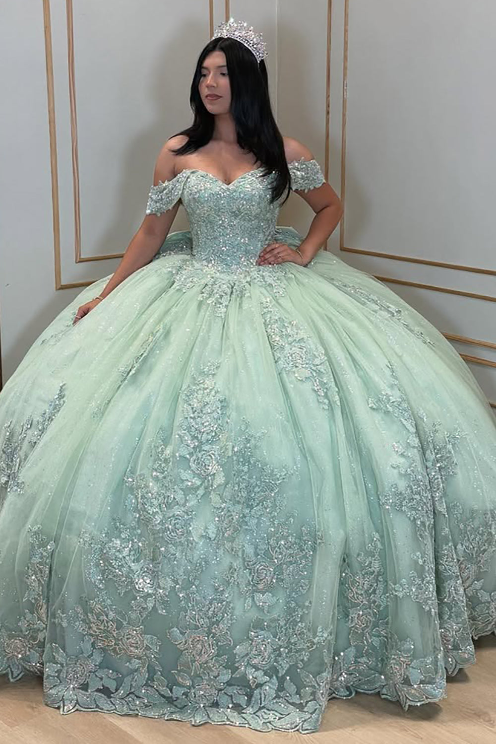 Vestidos de quinceañera con hombros descubiertos, tul princesa, apliques, vestidos de quinceañera HE530
