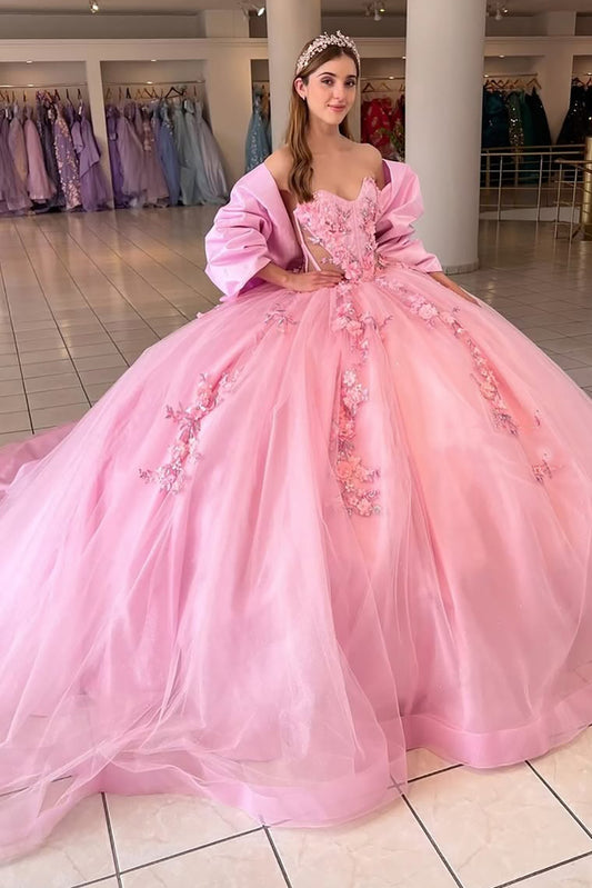 Sweetheart Tulle Lace Appliqued Sweet 16 Pink Quinceanera Dresses with Cape HE693