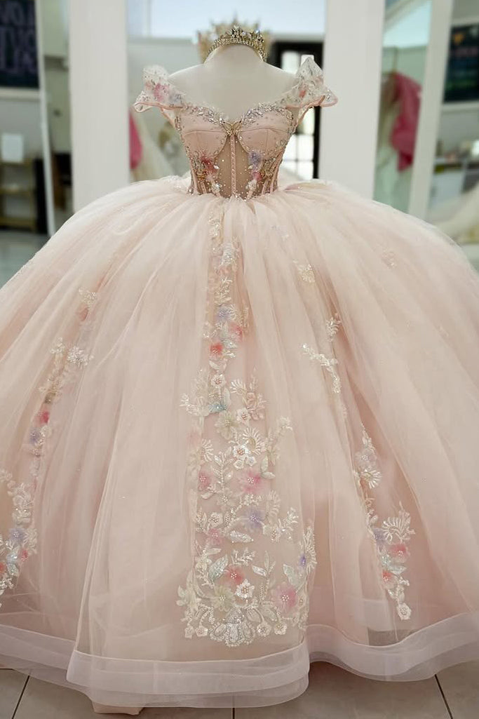 HE273-Precioso vestido de quinceañera con apliques de encaje de tul, vestido de fiesta de princesa para fiesta de cumpleaños de 16 años