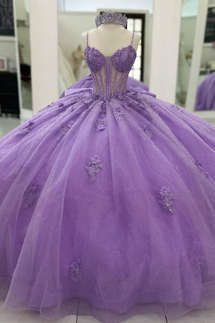 Lilac Sweetheart Princess Quinceanera Dresses Tulle Lace Beaded Party Gowns HE215