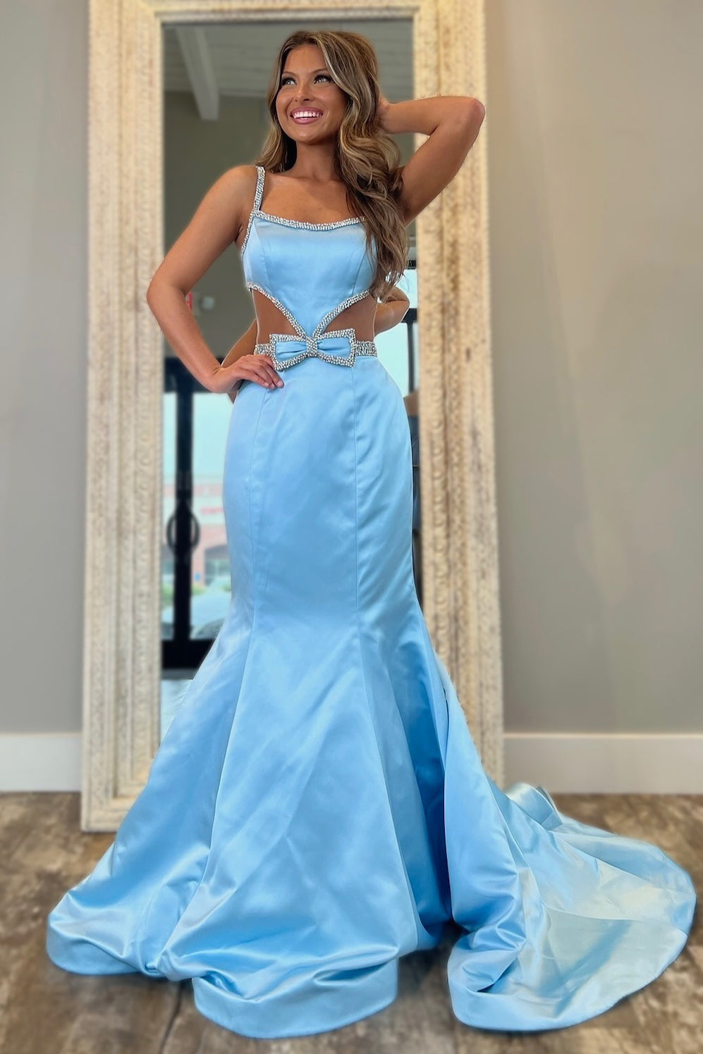 Mermaid Long Prom Dresses for Women Satin Sequin Beaded Evening Gowns HE123