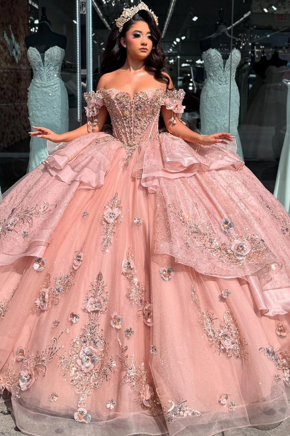 Princess Ball Gown 3D Flower Appliqued Sweet 16 Quinceanera Dresses with Beaded HE663