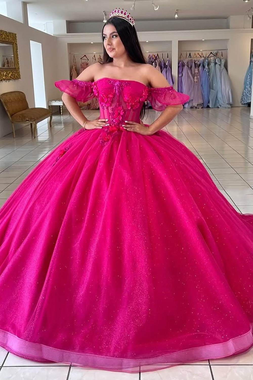 Fuchsia Glittery Tulle Princess Ball Gown Appliqued Beaded Quinceanera Dresses HE694