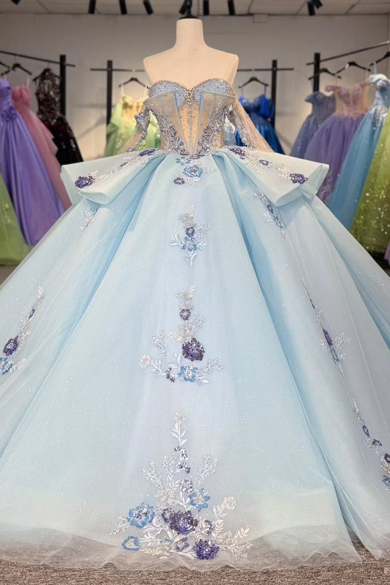 HE275 - Vestido de quinceañera azul cielo con hombros descubiertos, corte princesa, tul, apliques de encaje, para fiesta de dulces 16