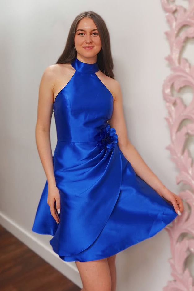 Vestidos de fiesta de satén con corte en A para jóvenes, cuello halter, vestidos de cóctel HE404