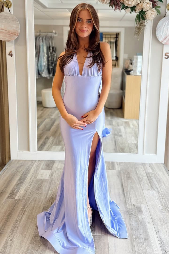 HE248-Sexy V Neck Satin Long Prom Dresses for Women Mermaid Backless Evening Gowns Sheath Formal Party Dress with Slit