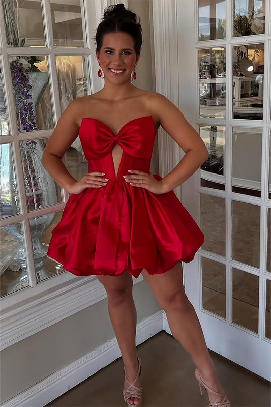 Sweetheart A Line Satin Keyhole Knee Length Homecoming Dresses with Bowknot HE719