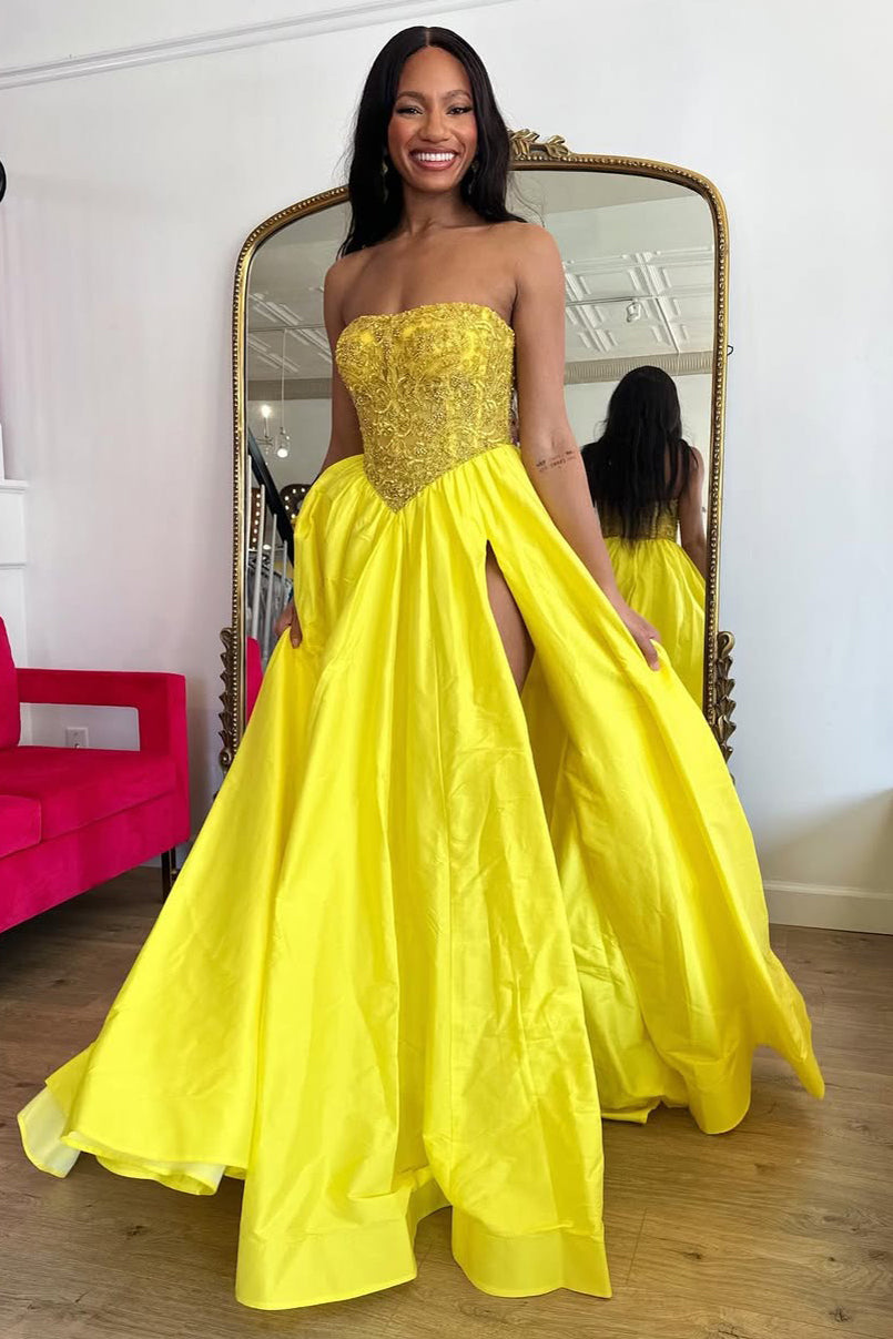 HE179-Vestidos de fiesta de satén con cuentas para mujer, largos, con abertura, amarillos, escote en forma de corazón, corsé, sin mangas, corte en A, vestidos de noche