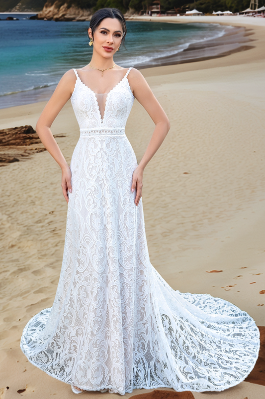 Damen A-Linie V-Ausschnitt Boho Spitze Brautkleider Bohemian Plus Size Brautkleider HE863