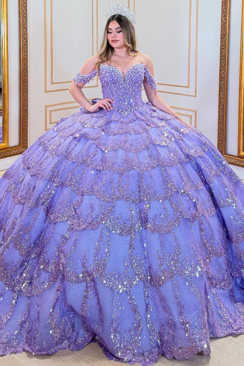 HE321-Vestido de quinceañera con volantes de tul brillante, estilo princesa, para fiesta de cumpleaños, hombros descubiertos