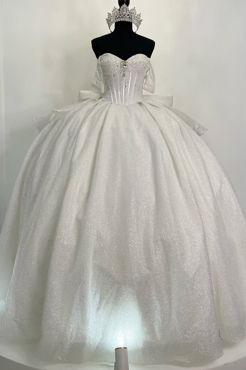 white princess quinceanera dresses White Shiny Quinceanera Dress Formal Party Beading Lace Appliqus Tulle Sweetheart Neckline Sweep Train