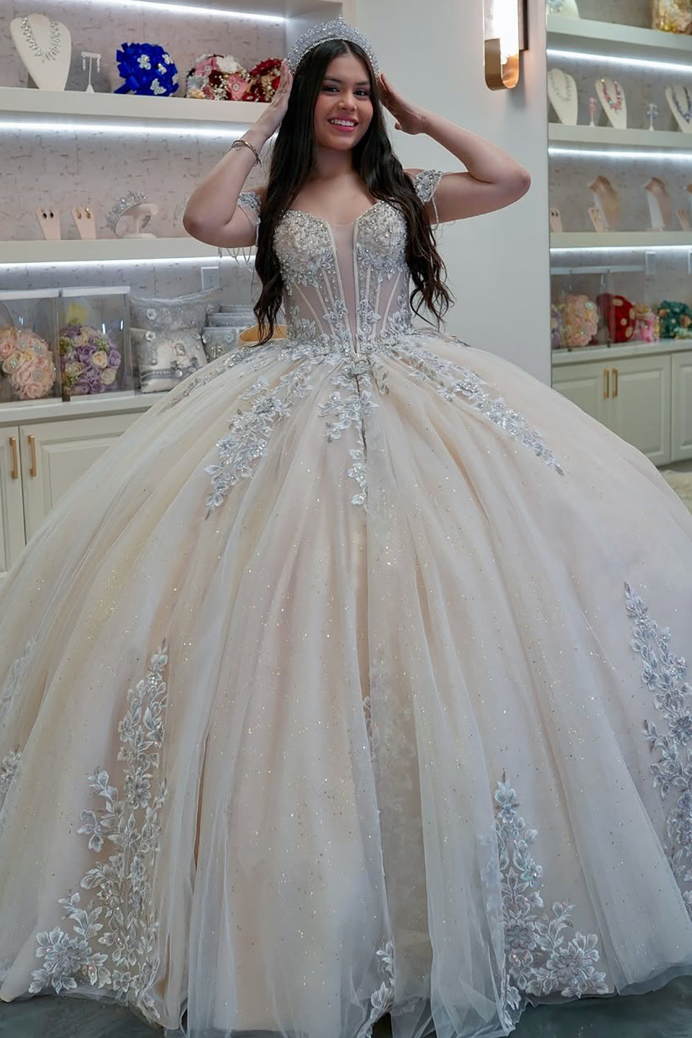 Off Shoulder Ball Gown Tulle Lace Appliqued Sweet 16 Quinceanera Dresses HE689
