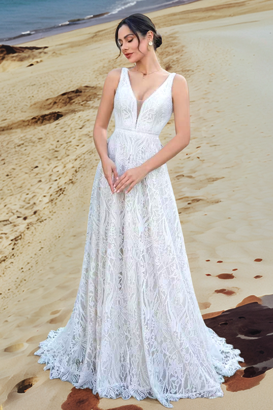 A Line Boho V Neck Lace Wedding Dresses Plus Size Backless Bridal Dress for Women HE862