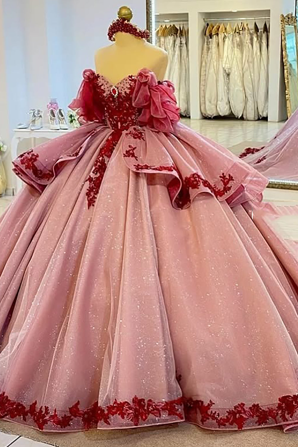 Vestidos de quinceañera con hombros descubiertos, tul princesa, apliques, vestidos de quinceañera HE530