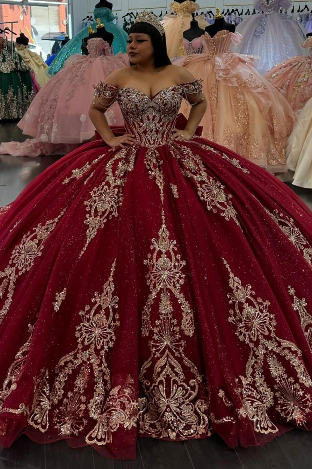 Off Shoulder Burgundy Tulle Lace Appliqued Sweet 16 Quinceanera Dresses HE672