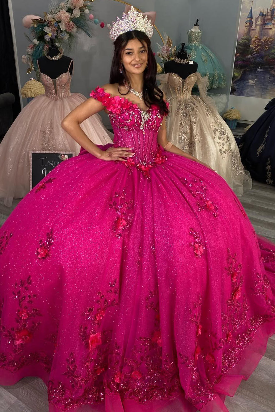 Vestidos de quinceañera fucsia con tul brillante y flores 3D HE518