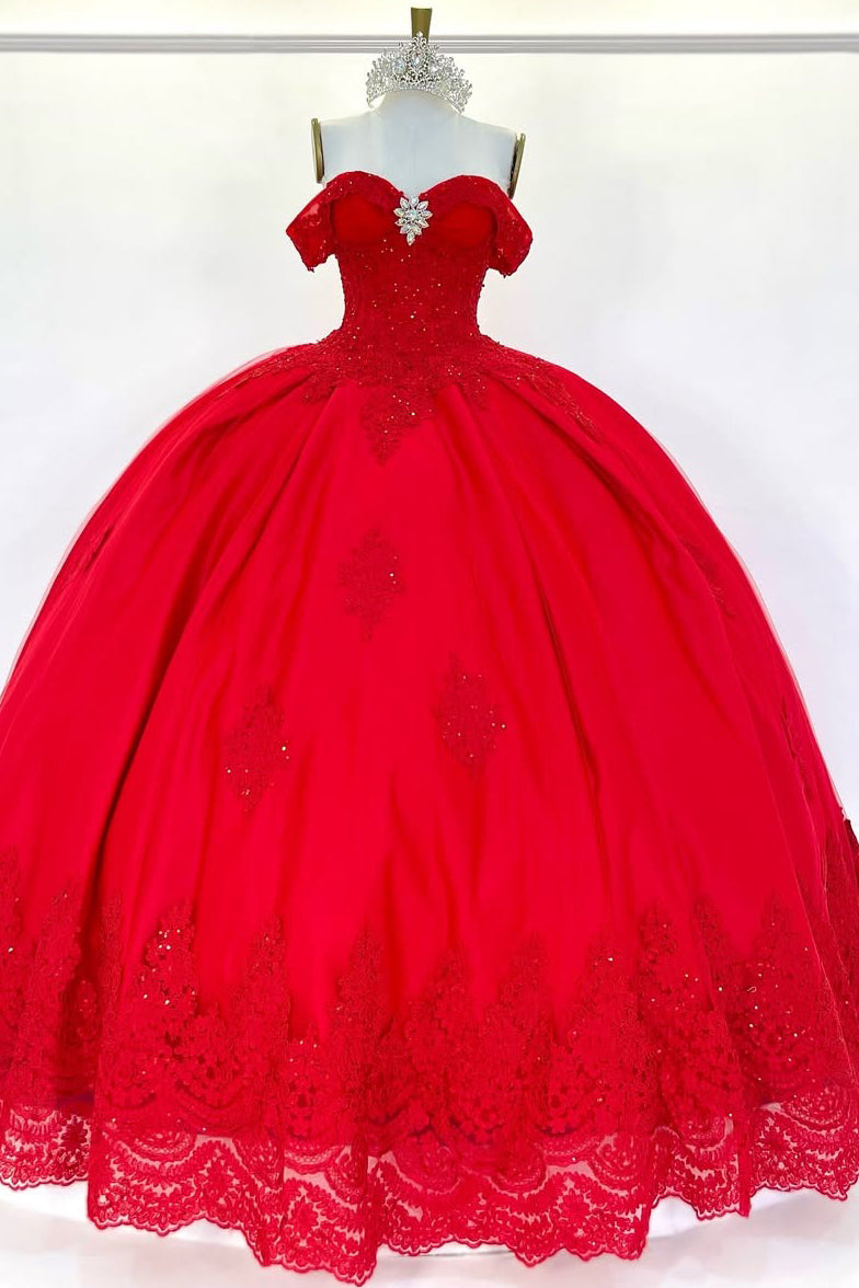 HE309-Vestido de quinceañera de princesa con hombros descubiertos, tul con encaje, para fiesta de graduación de 16 años, sin mangas