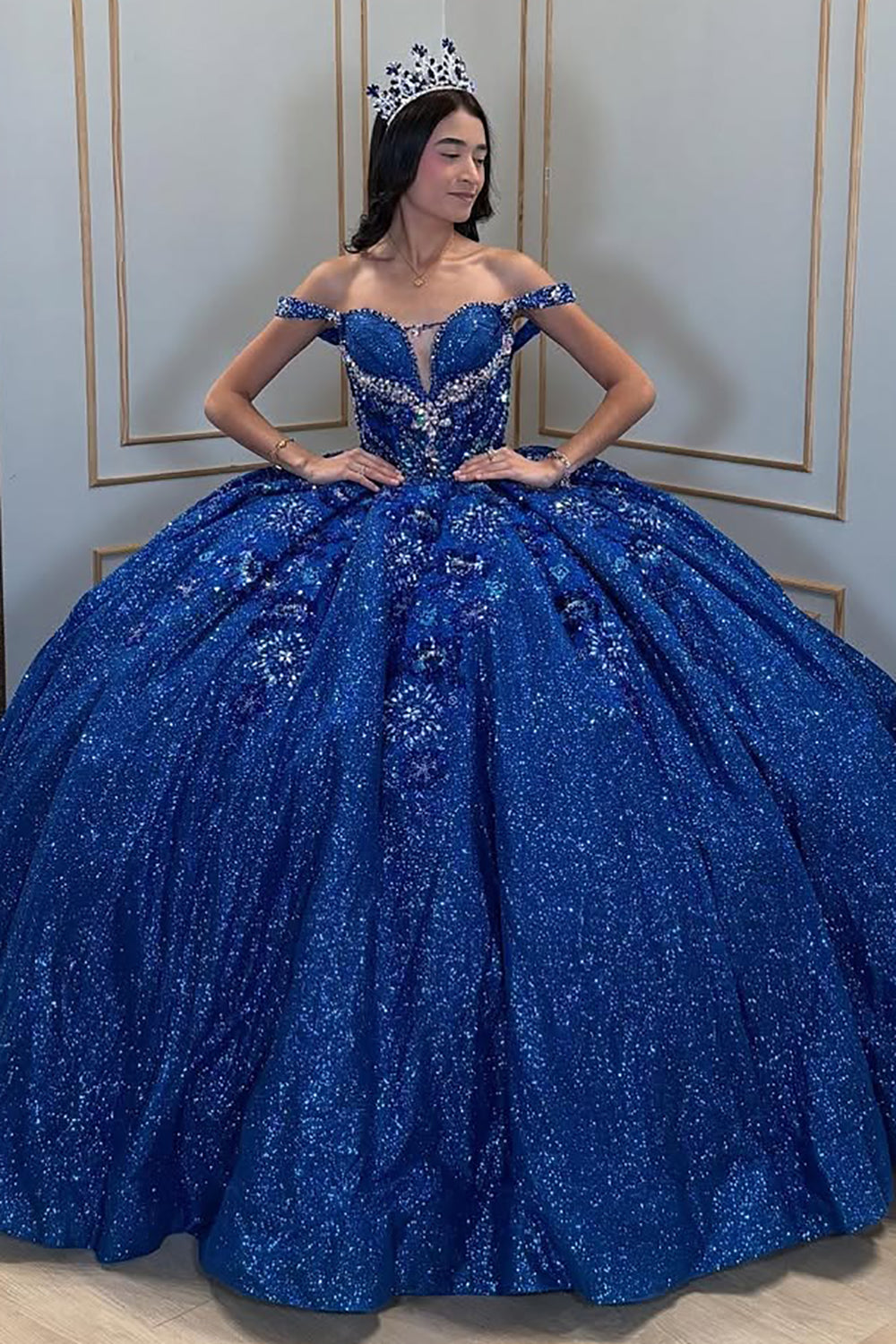 Glittery Tulle Lace Beaded Ball Gown Quinceanera Dresses for Sweet 16 HE686