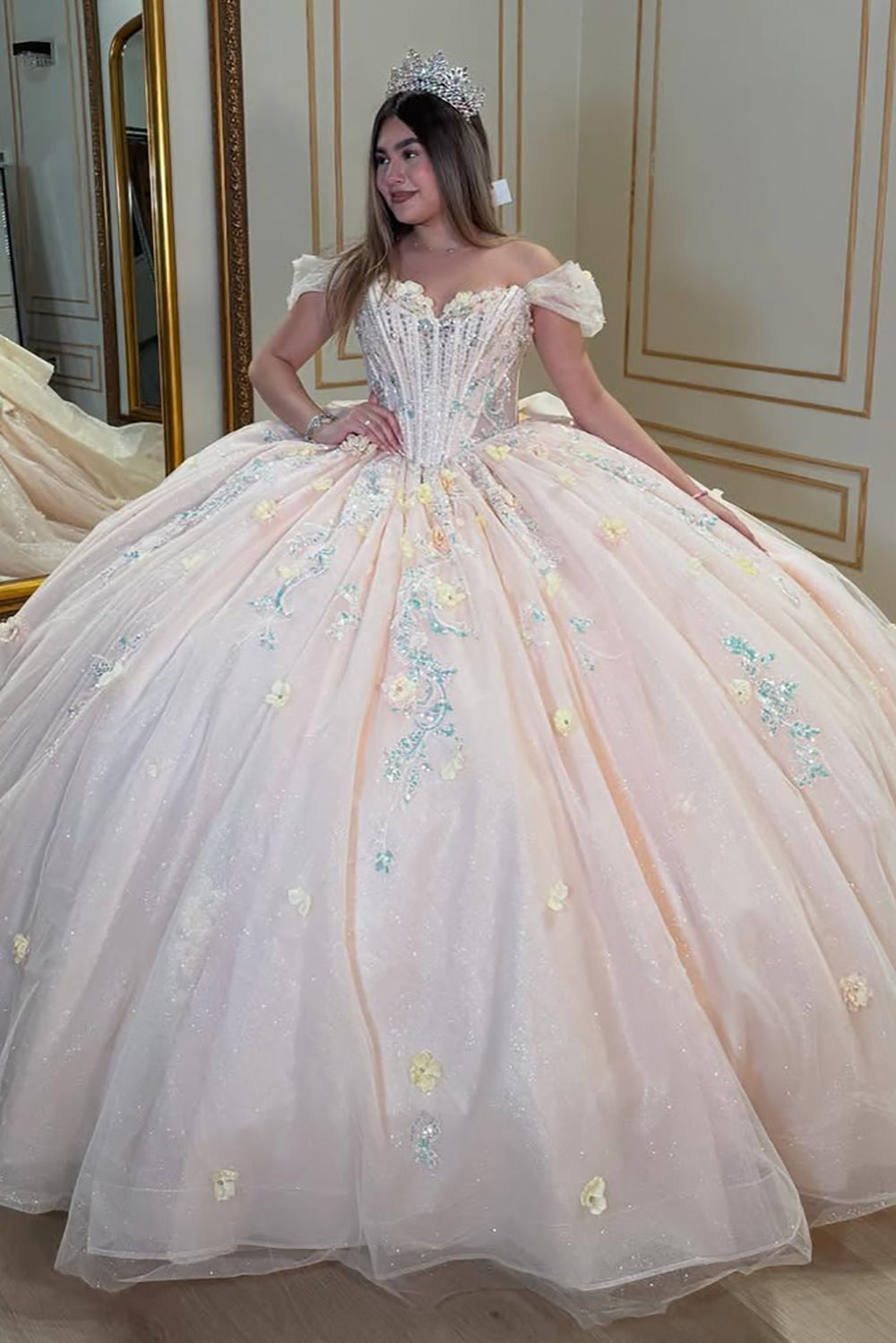 Vestidos de quinceañera con hombros descubiertos, tul princesa, apliques, vestidos de quinceañera HE530