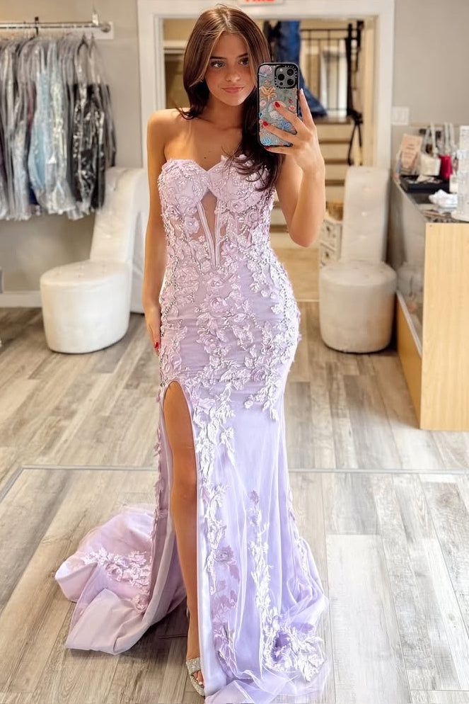 HE253-Sweetheart Tulle Lace Prom Dresses Long Appliqued Evening Party Gowns Mermaid Side Slit Formal Dress for Women