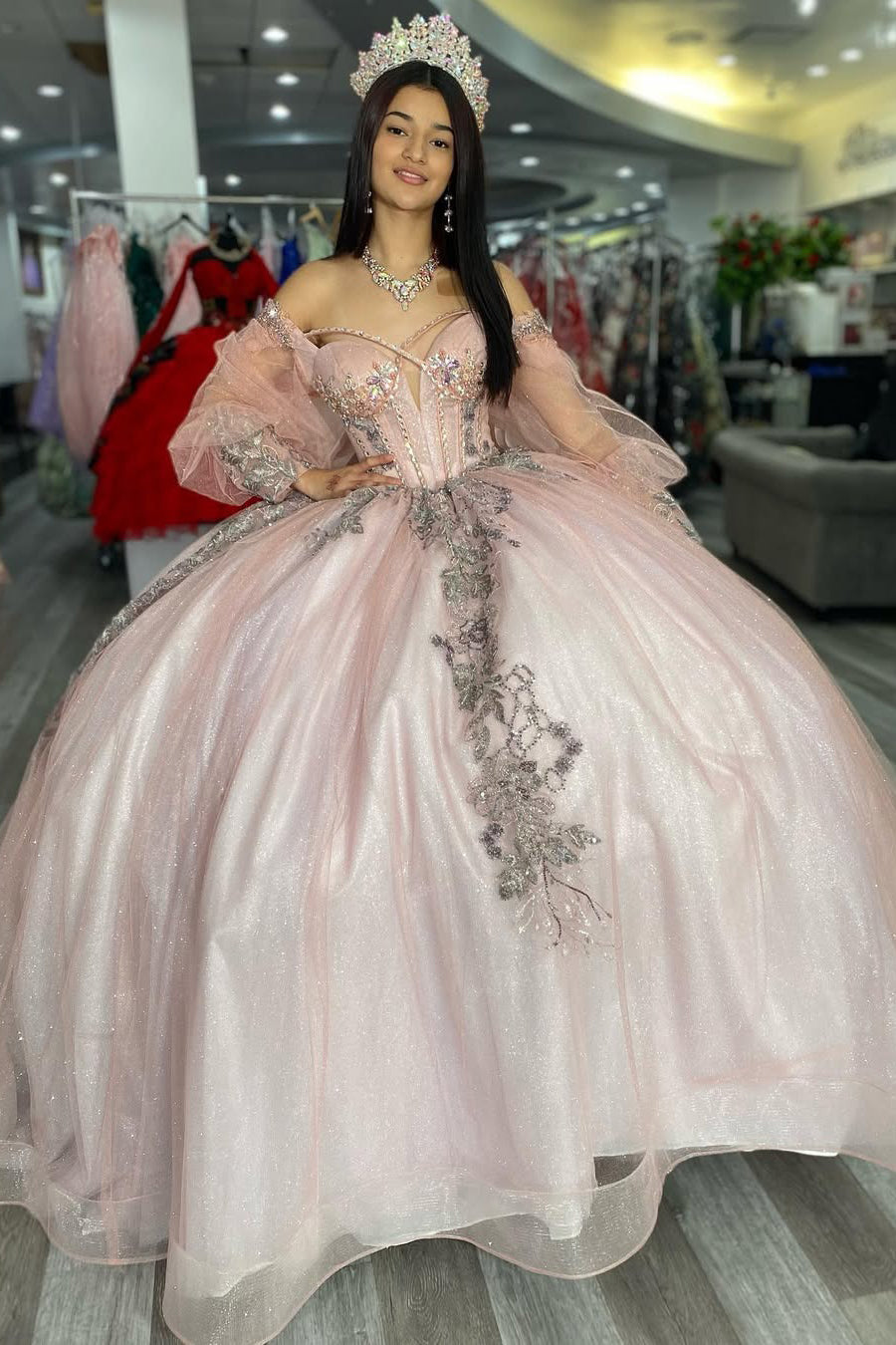Glittery Tulle Appliqued Long Sleeves Sweet 16 Quinceanera Dresses HE522