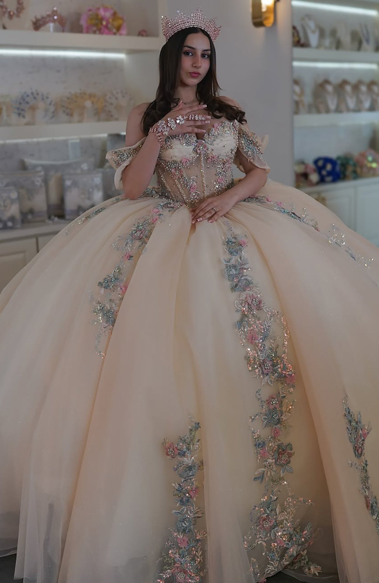 HE090-Vestido de quinceañera con tul color champán, encaje y cuentas, vestido de fiesta con apliques, hombros descubiertos, para fiesta de cumpleaños y graduación