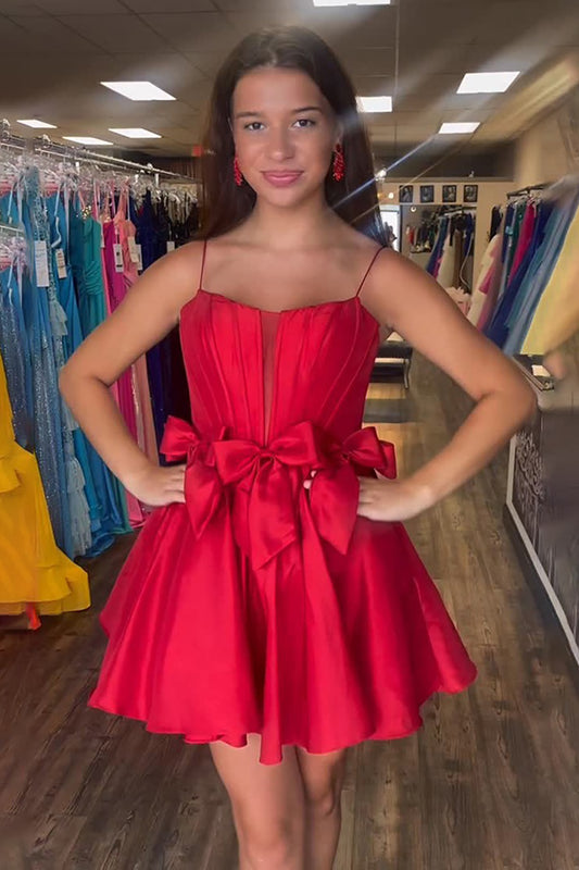Red Satin Strapless A Line Short Corset Homecoming Dress with Bows HE728