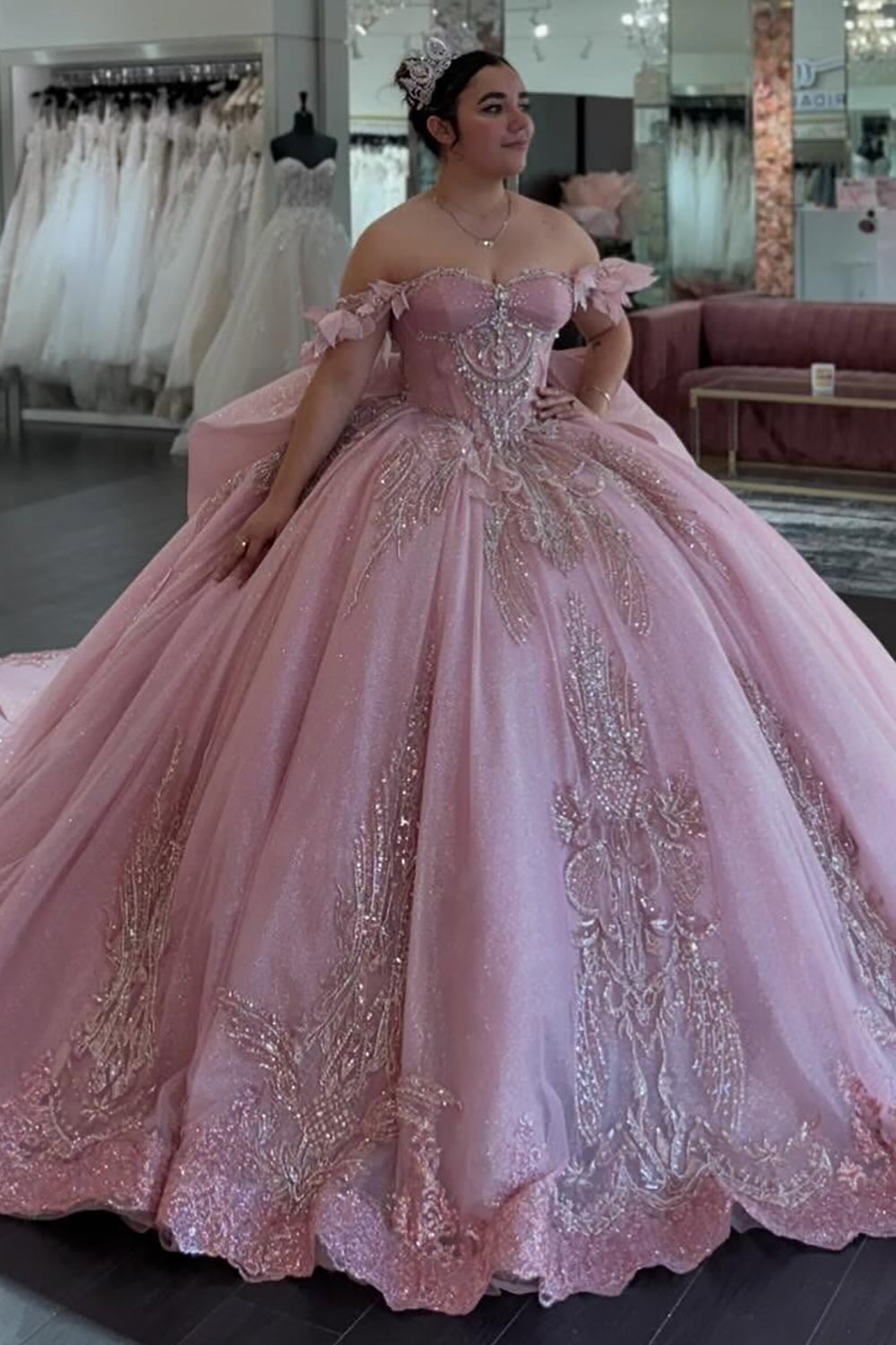 Off Shoulder Pink Quinceanera Dresses Ball Gown Tulle Appliqued Sweet 16 Party Dress HE673