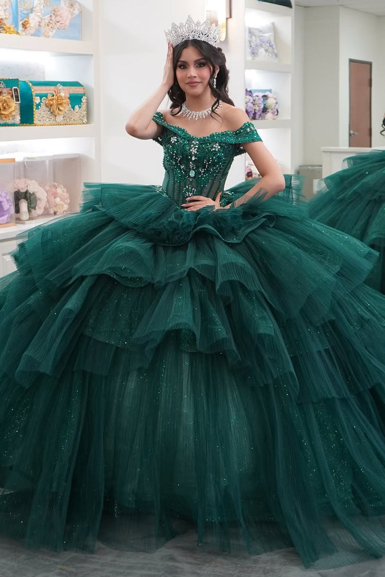 Ball Gown Quinceanera Dresses for Sweet 16 Tulle Beaded Ruffles Birthday Party Dresses HE147
