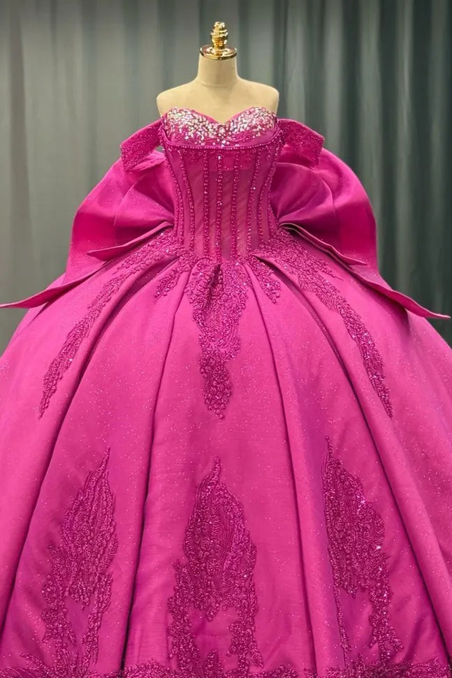 Hermosos vestidos de quinceañera estilo princesa fucsia con escote corazón, encaje y cuentas, vestidos de fiesta HE426