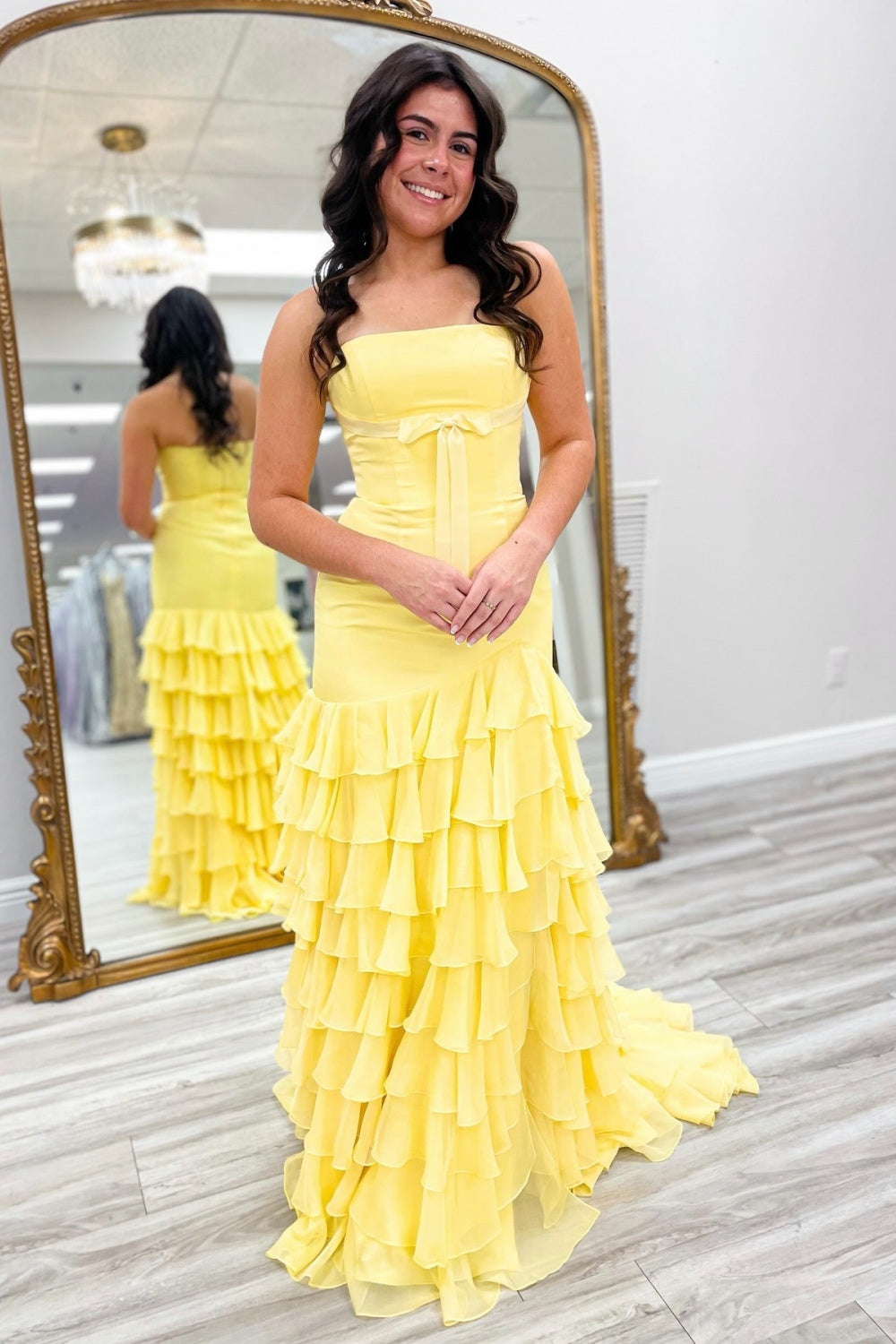 Sweetheart Mermaid Satin Chiffon Ruffled Long Prom Dresses Strapless Party Gowns with Split HE1209