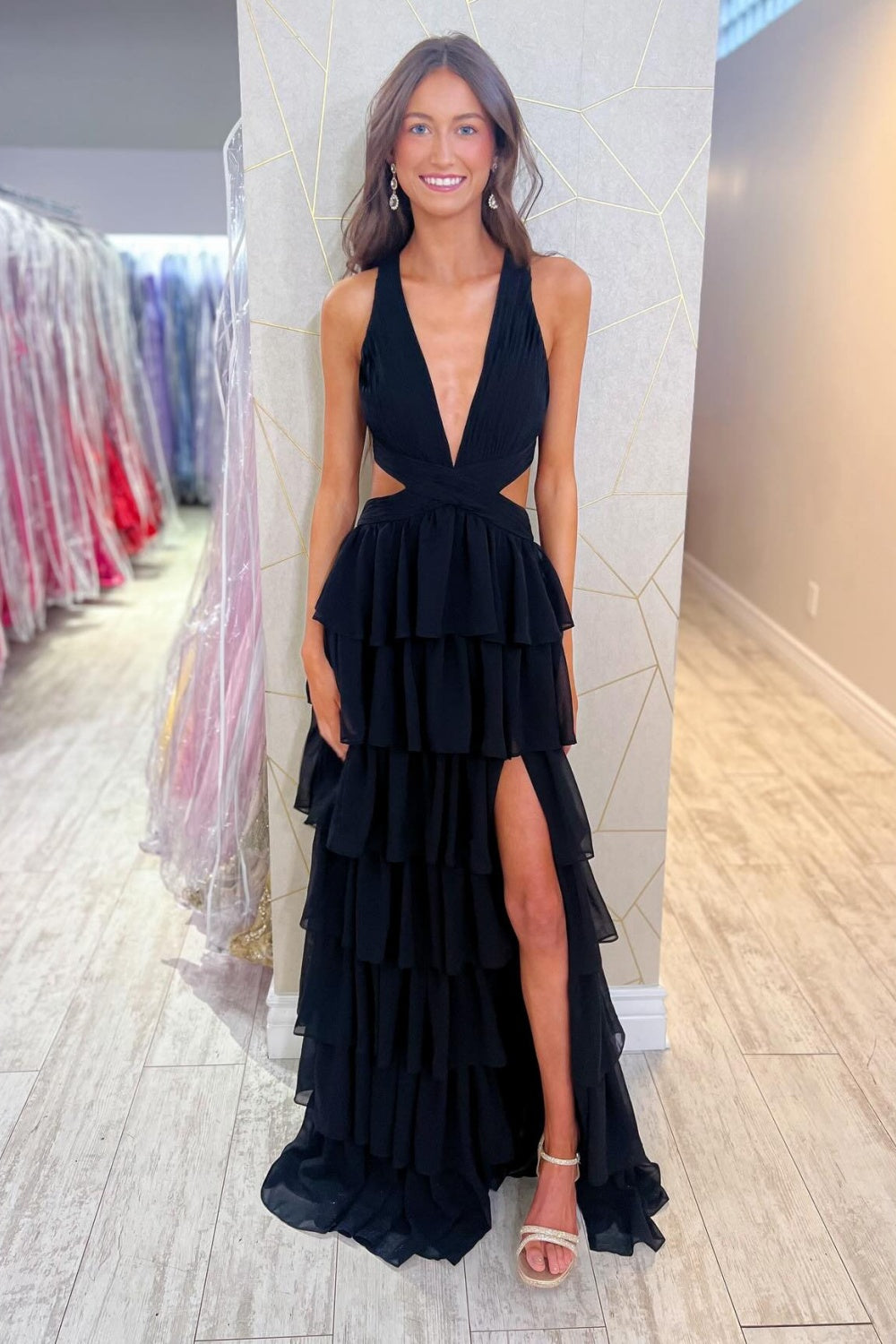 Women's A Line Deep V Neck Long Prom Dresses Chiffon Ruffled Evening Party Gowns HE1251