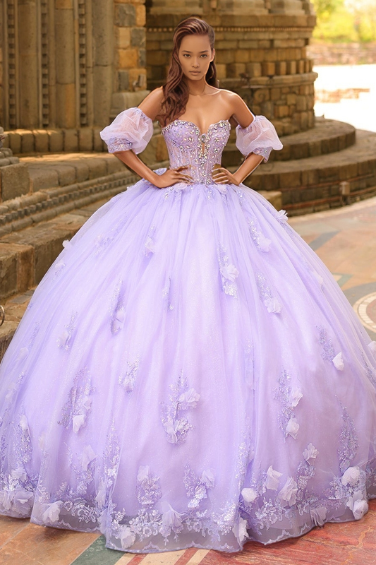 Lilac Ball Gown Tulle 3D Flowers Princess Sweet 16 Quinceanera Dresses HE855