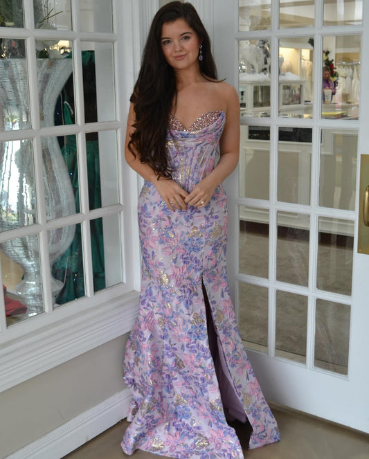 Sweetheart Mermaid Satin Floral Print Prom Dresses Long Strapless Party Gowns HE1581