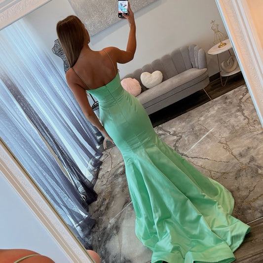 Satin V Neck Mermaid Long Prom Dresses Pleated Spaghetti Straps Evening Gowns HE1371
