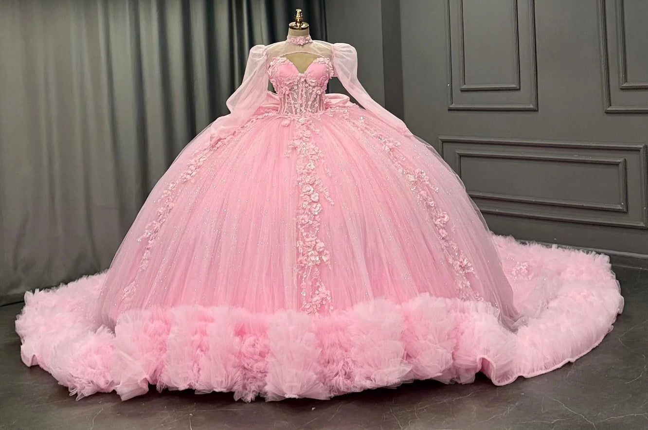 Long Sleeves Tulle Appliqued Tiered Pink Quinceanera Dresses for Sweet 15 Party HE1464