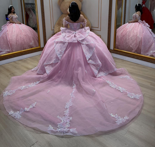 Glittery Lace Crystal Beaded Off Shoulder Pink Sweet 15 Quinceanera Dresses HE1560