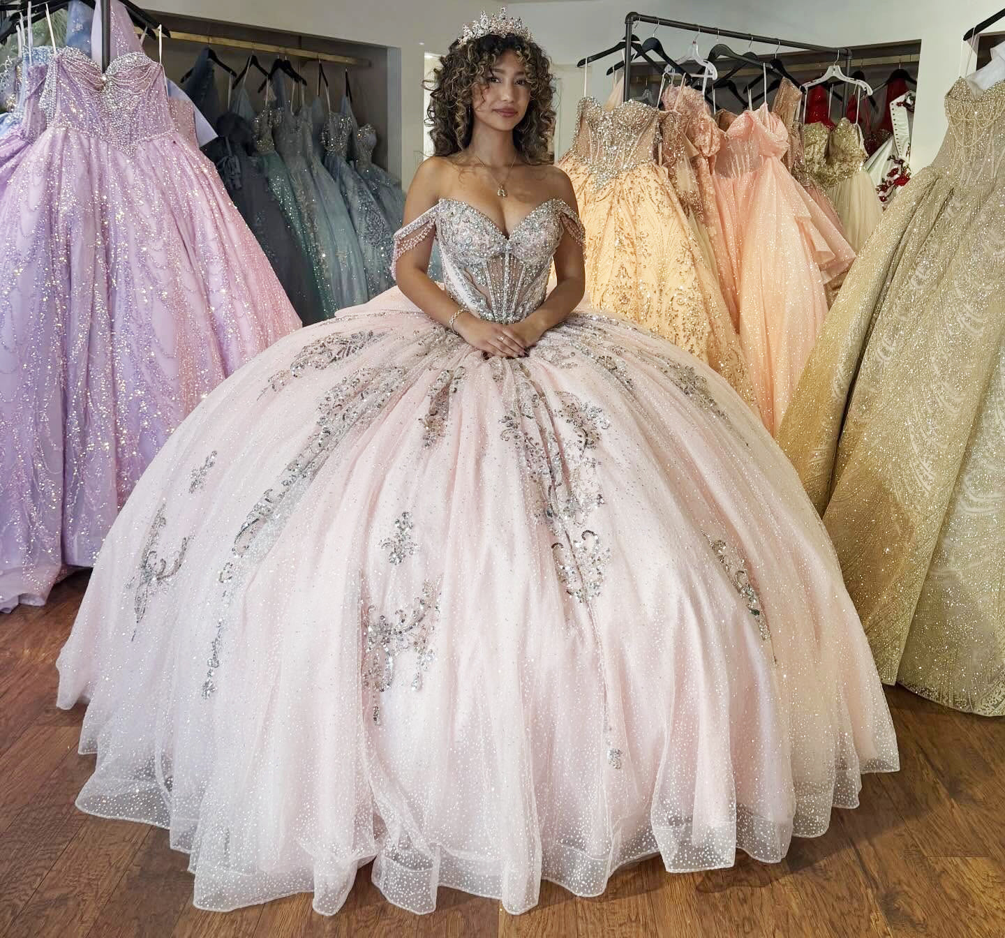Glittery Tulle Pink Sweet 15 Quinceanera Dresses Lace Beaded Birthday Party Gown HE1458